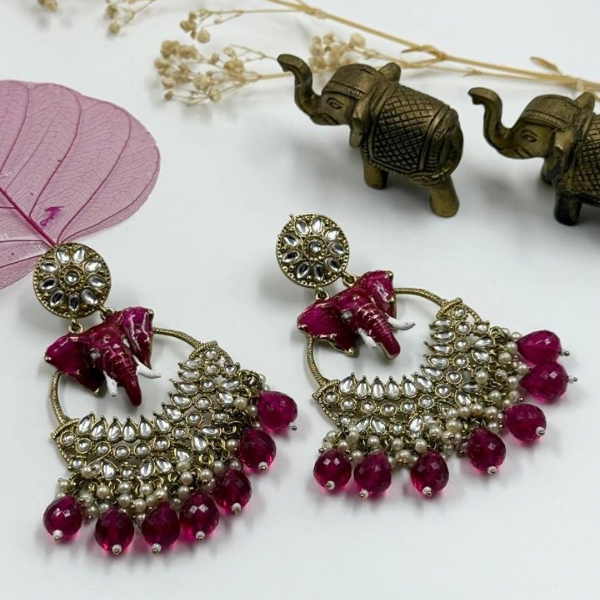 Elephant Motif Long Pearl Earrings -Vibrant Pink