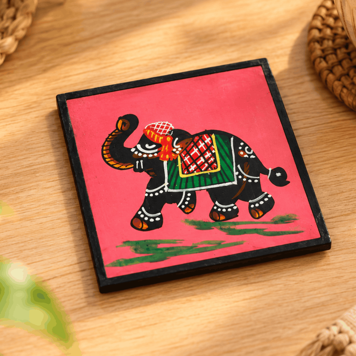 Elephant Print Wooden Pink Coaster Set (Pack of 6)