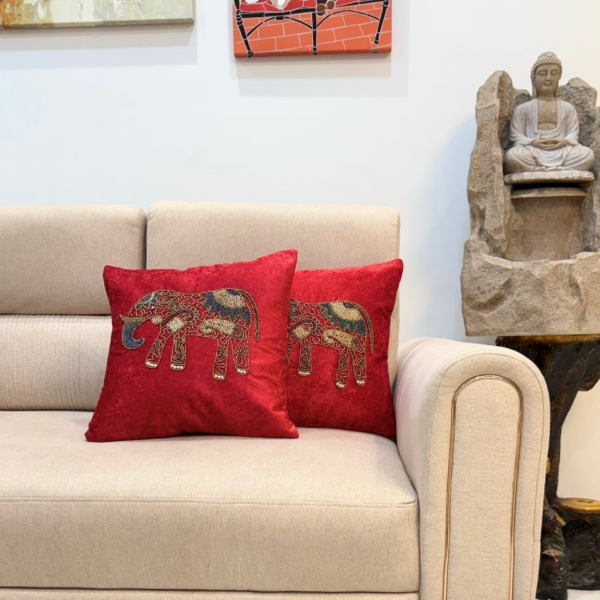 Luxurious Crimson Red Elephant Embellished Cushion Covers (Pair)
