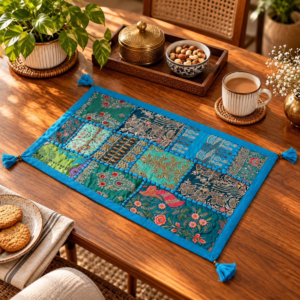 Rajasthani Patch Work Blue Dining Table Runner with Mats (pack of 7)