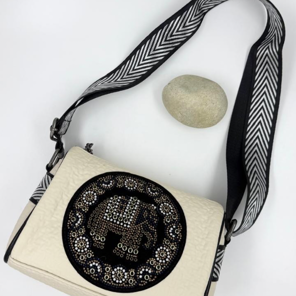 White Boho Sling Bag with Embroidered Elephant