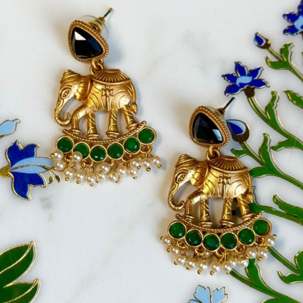 Antique Royal Elephant Earrings with Emerald Green Stones