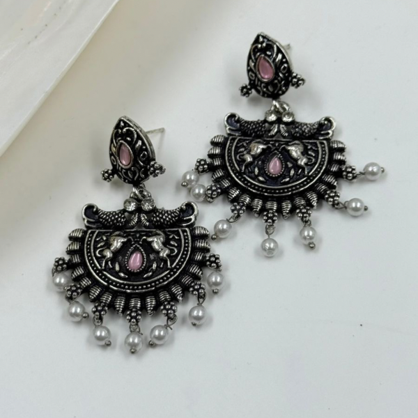 Oxidized Silver Jhumka Earrings with Pink Stone & Pearls