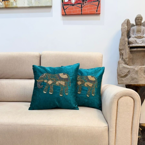 Teal and Gold Elephant Cushion Covers Set