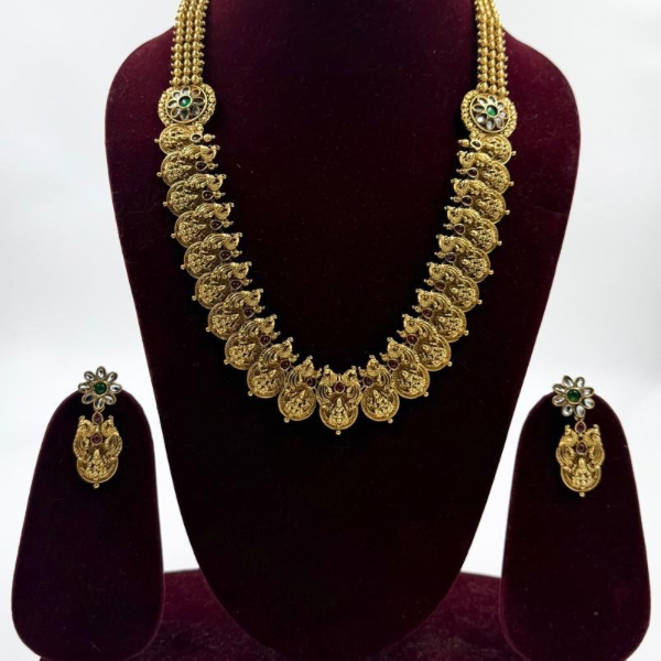 Traditional Lakshmi Temple Necklace Set with Kundan & Ruby Detailing