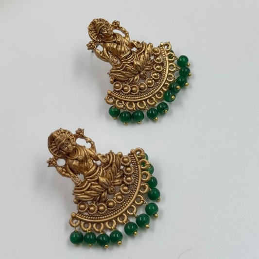 Divine Lakshmi Temple Earrings with Antique Gold Finish & Green Beads