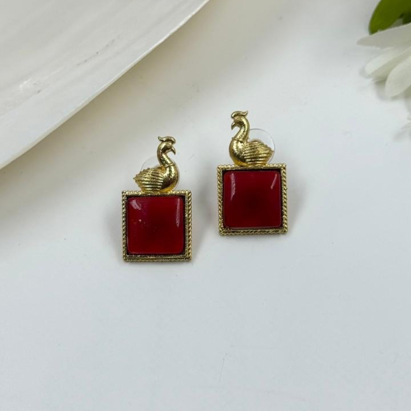 Regal Peacock & Red Stone Square Stud Earrings