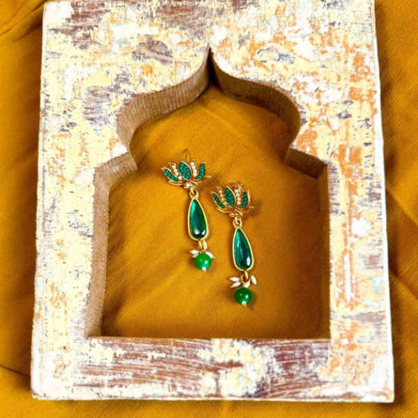 Elegant Lotus Drop Earrings with Green Crystal & Pearl Detailing