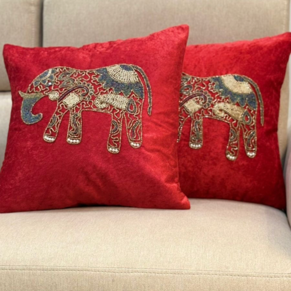 Luxurious Crimson Red Elephant Embellished Cushion Covers (Pair)