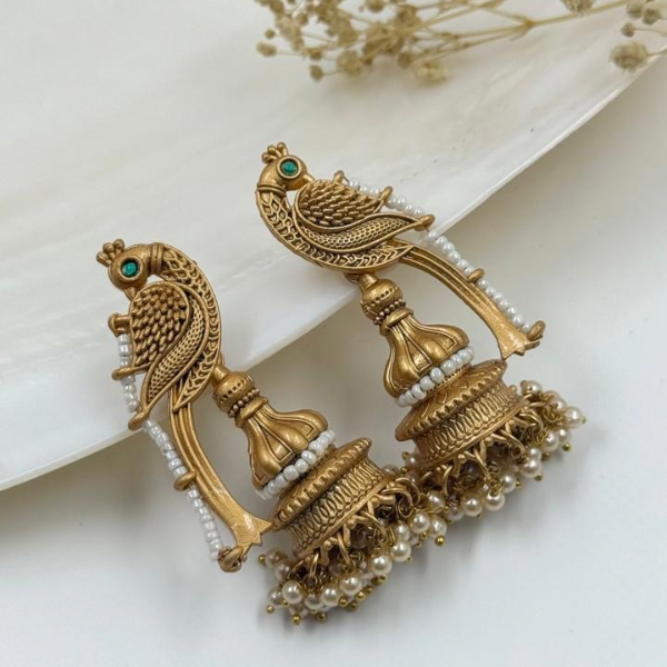 Regal Golden Parrot Jhumka Earrings with Pearl Drops