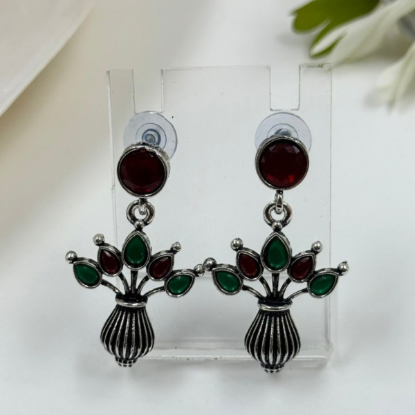 Oxidized Silver-Plated Vase Red & Green Drop Earrings