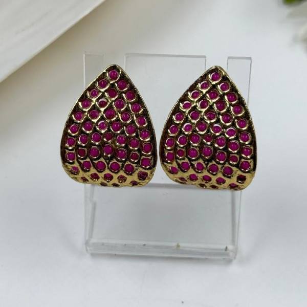 Bold Ruby-Toned Teardrop Stud Earrings - Gold Finish