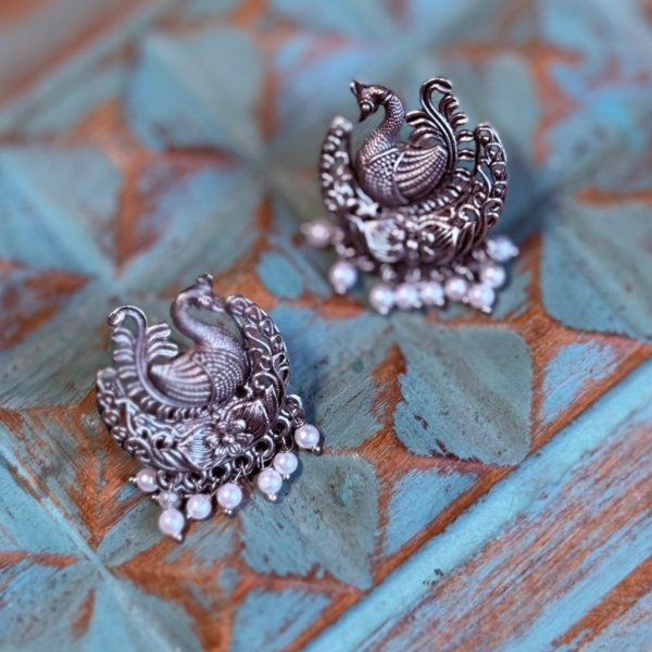 Regal Peacock Oxidized Stud Earrings