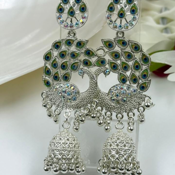Stunning Silver-Tone Peacock Jhumka Earrings with Enamel & Crystal Accents