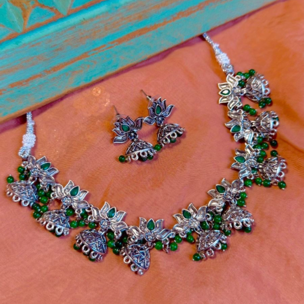Oxidized Silver Lotus Choker Set with Green Beads