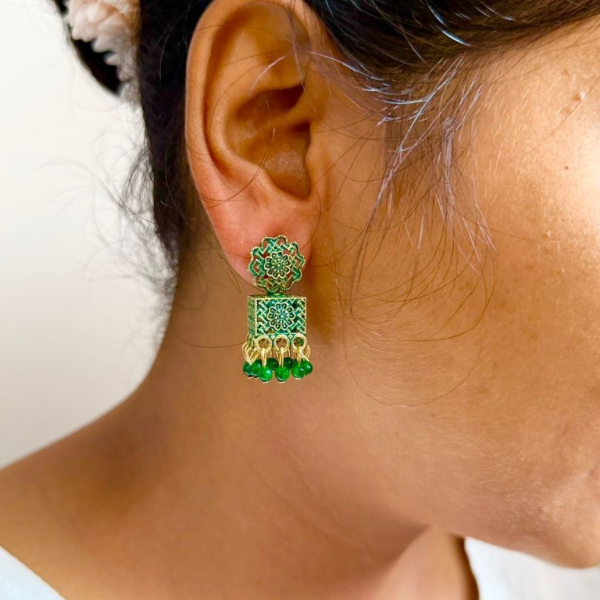 Boho Glam Green Jhumka Earrings