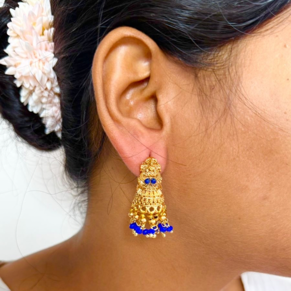 Temple Glow Gold Jhumkas – Royal Blue Beaded Heritage Earrings