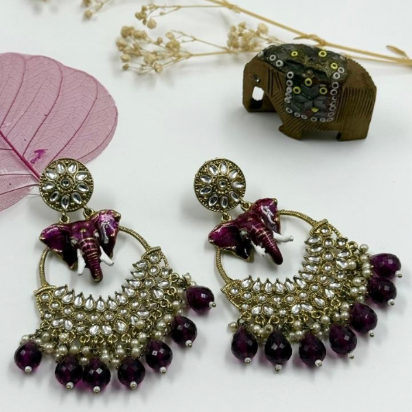 Elephant Motif Long Pearl Earrings -Dark Pink