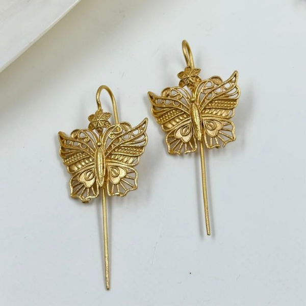 Ethereal Matte Gold Filigree Butterfly Long Drop Earrings