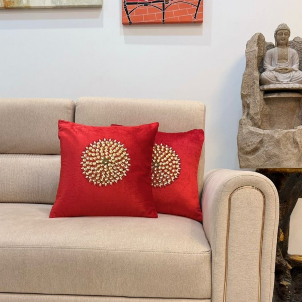 Glamour Red: Crystal-Embellished Velvet Cushion Covers