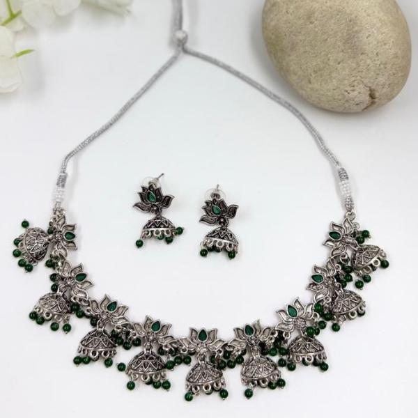 Oxidized Silver Lotus Choker Set with Green Beads