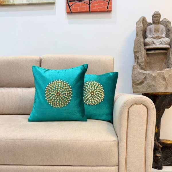 Teal Velvet Beaded Cushion Covers