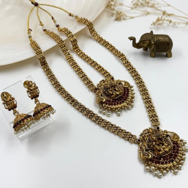 Lakshmi Double Layer Temple Necklace Set with Jhumkas – Antique Gold Finish & Pearl Detailing