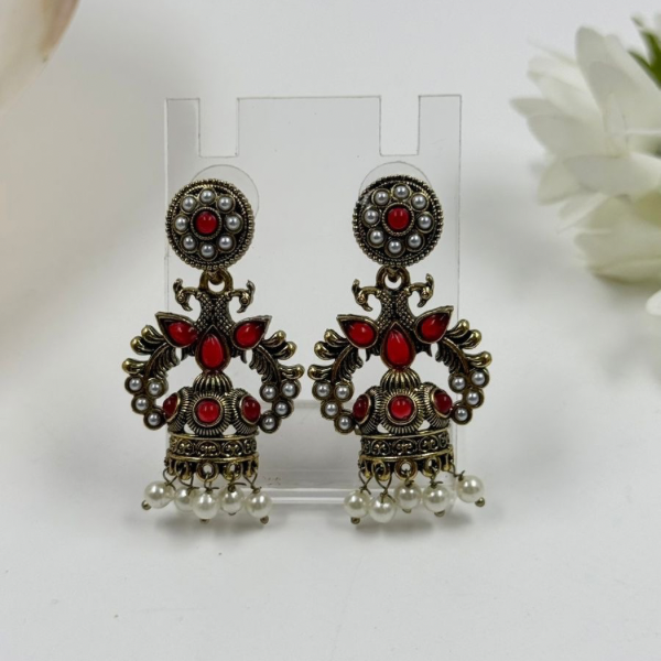 Red Ruby Peacock Statement Earrings With Pearls Drop