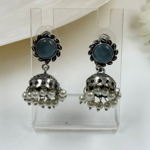 Chic Oxidized Silver Jhumka Earrings with Grey Stone & Pearl Drops