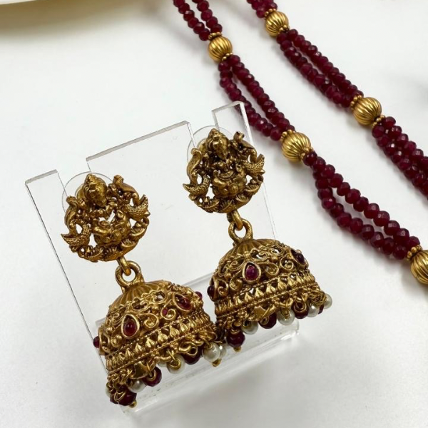 Long Traditional Temple Necklace Set 1 - Red Ruby beaded