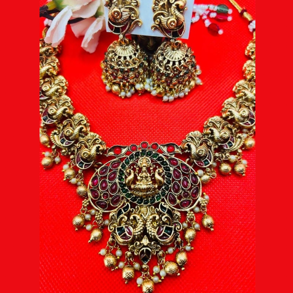 Designer Regal Lakshmi Necklace Set - Red & Green Beads