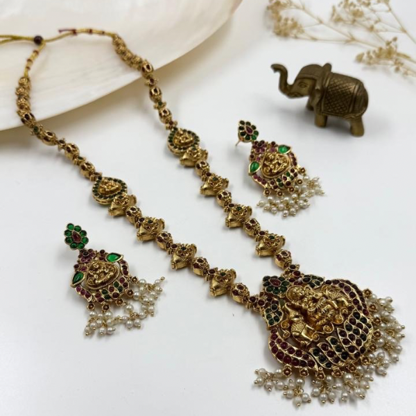 Goddess Lakshmi & Peacock Motif Necklace Set in Antique Finish
