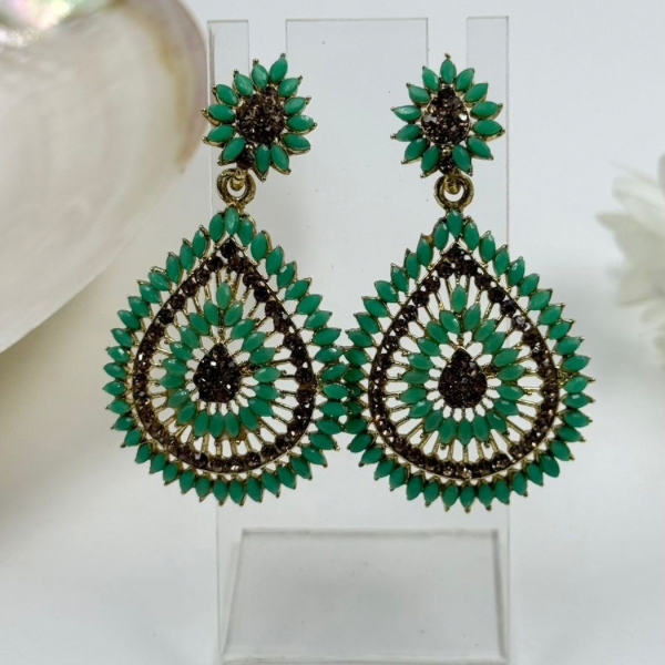 Peacock Bloom: Emerald Green & Gold Teardrop Earrings