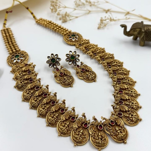 Traditional Lakshmi Temple Necklace Set with Kundan & Ruby Detailing
