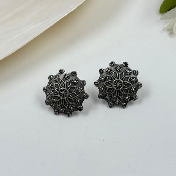 Boho Chic Oxidized Silver Mandala Flower Stud Earrings