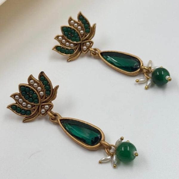 Elegant Lotus Drop Earrings with Green Crystal & Pearl Detailing