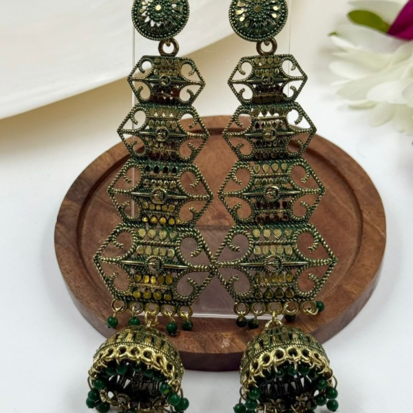 Antique Gold & Forest Green Oxidized Tiered Jhumka Drop Earrings