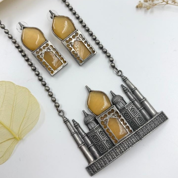 Taj Mahal Inspired Oxidised Silver Necklace Set with Yellow Stone