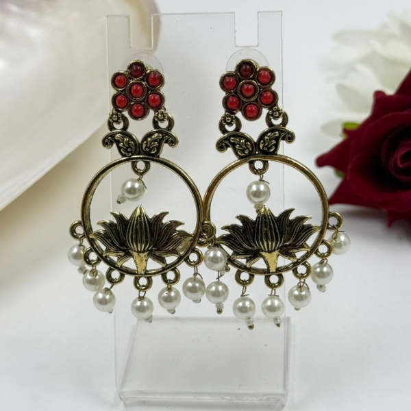 Scarlet Lotus: Antique Finish & Red Stone Hoop Earrings