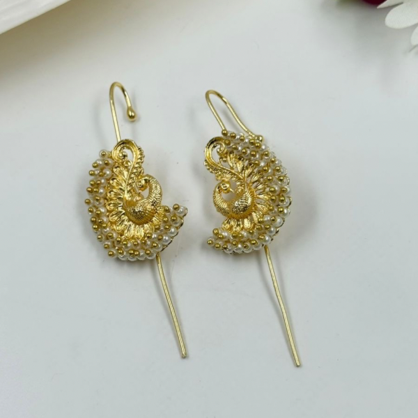 Minimalist Peacock Pearl Ear Climbers: Gold-Toned Huggie Drops