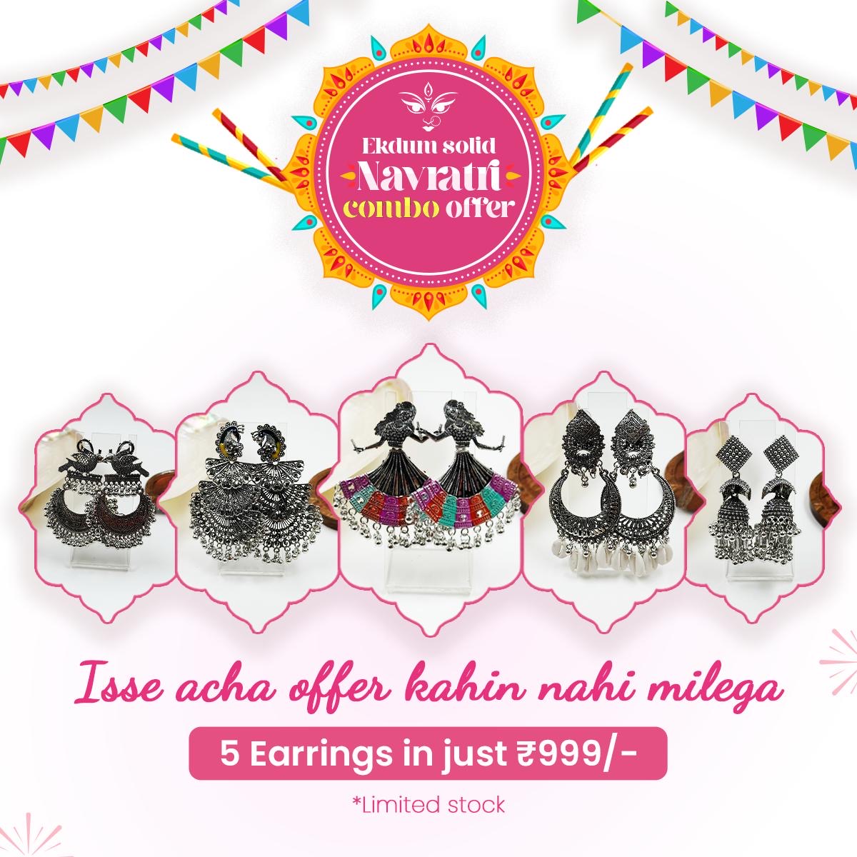 Ekdum Solid Navratri Oxidised Earrings Combo