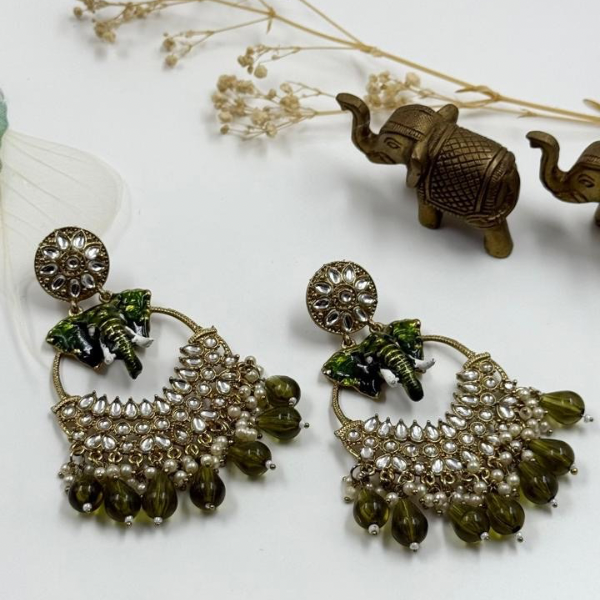 Elephant Motif Long Pearl Earrings -Dark Olive Green