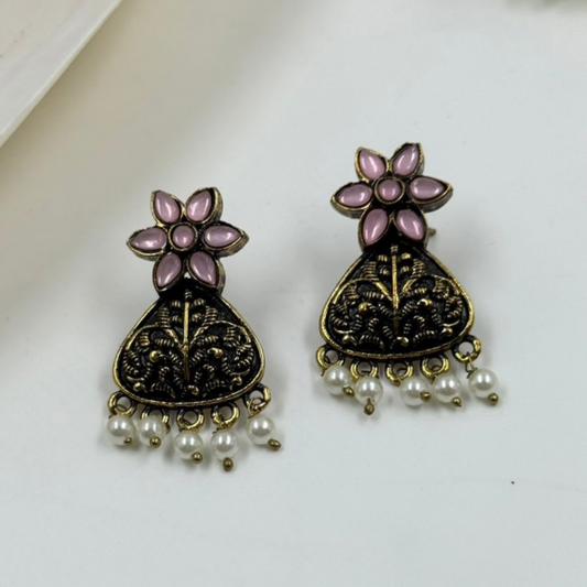 Antique Gold & Blush Floral Pearl Drop Earrings
