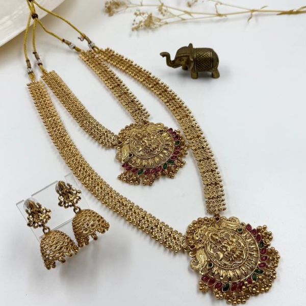 Regal Radiance Temple Set – Lakshmi Pendant Necklace with Ruby Emerald Beads