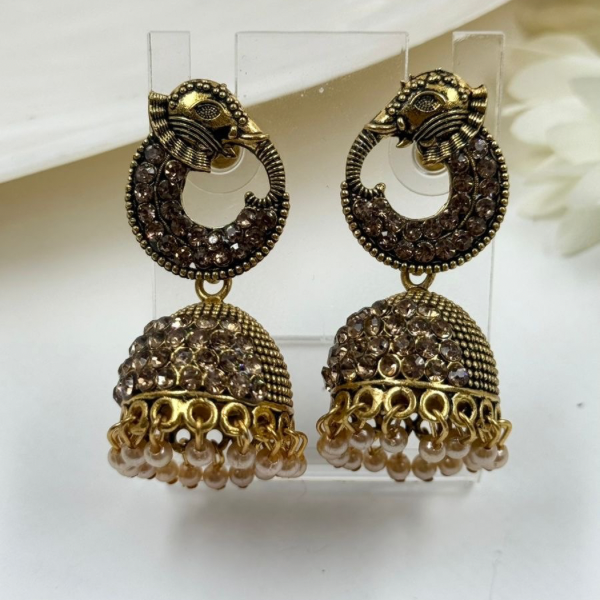 Oxidized Elephant Jhumkas with Crystals & Pearl Drops