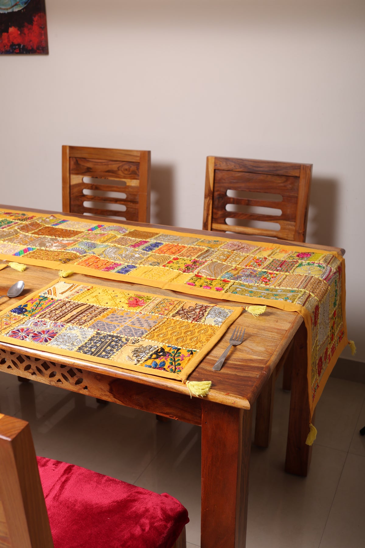 Rajasthani Patch Work Yellow Dining Table Runner with Mats (pack of 7)