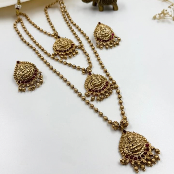 Antique Gold Layered Lakshmi Temple Necklace Set with Ruby Beads