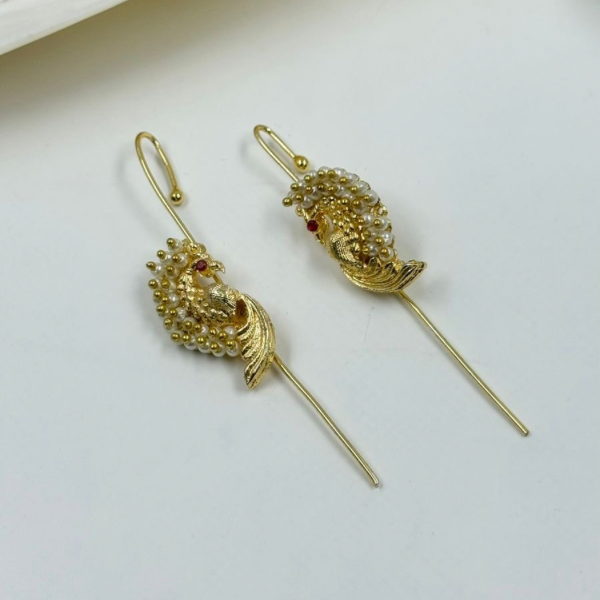 Swan Pearl Ear Climber Drops with Ruby Detail