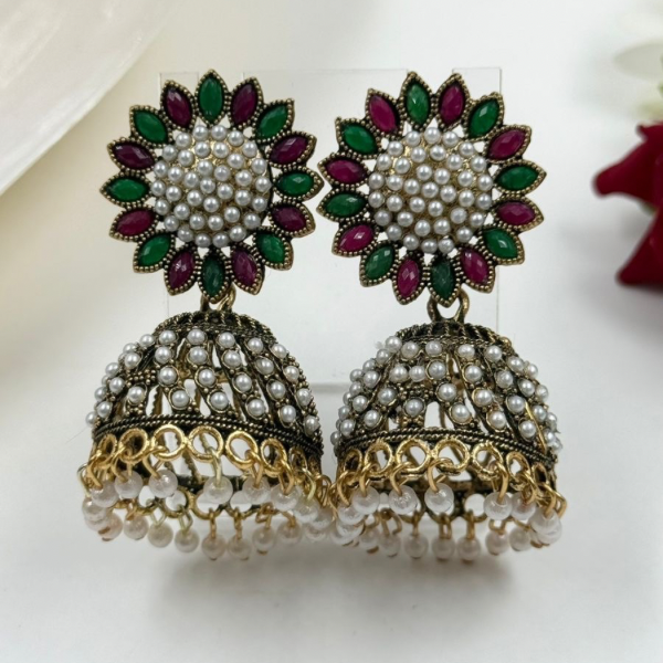 Ruby & Emerald Petal Jhumka Earrings