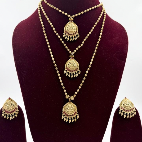 Antique Gold Layered Lakshmi Temple Necklace Set with Ruby Beads